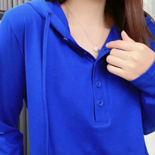 春秋季新款纯棉长袖T恤女连帽衫卫衣宽松休闲百搭克莱因蓝上衣潮