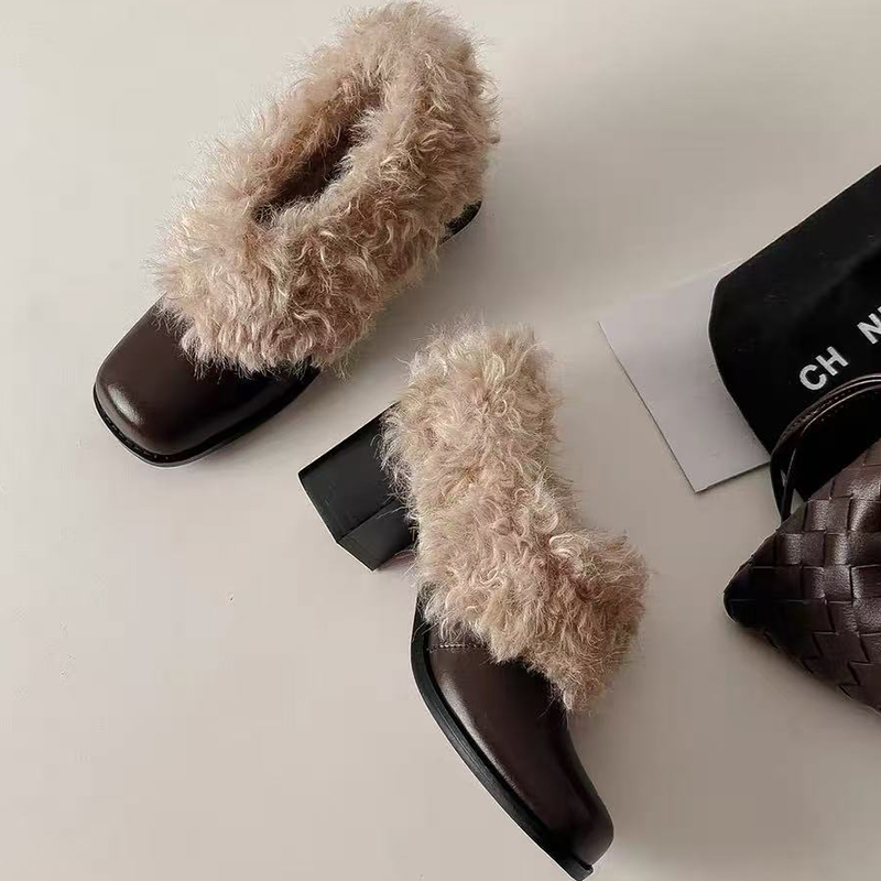 粗跟方头加绒保暖毛毛单鞋女