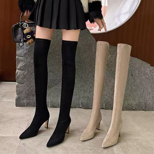 过膝长靴女款2025新款秋冬尖头粗高跟爆款鞋子瘦瘦靴高筒弹力靴子