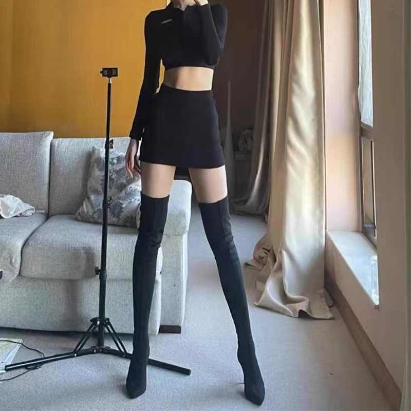 细跟尖头绒面过膝瘦瘦弹力靴女
