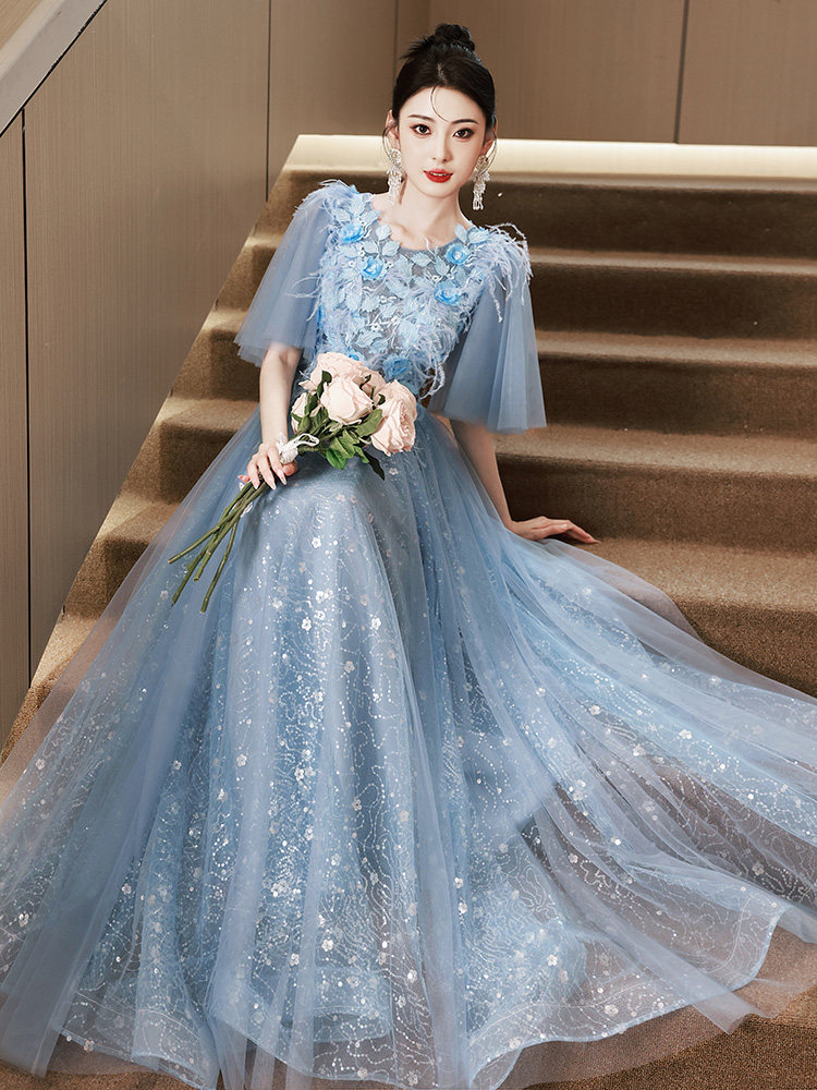 Blue Evening Dress Women Lace Light Luxury Banquet French Host Long Floral  Dress | eBay