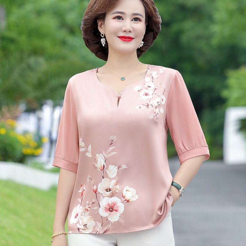 洋气妈妈薄款夏装真丝短袖两件套中老年女装桑蚕丝时尚套装T恤衫