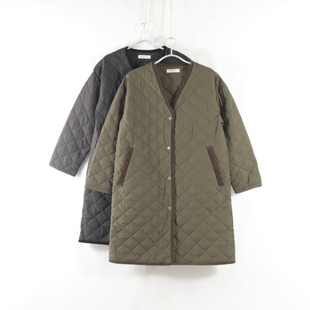 保暖棉服 棉衣女纯色长袖 日单新款 通勤V领单排按扣宽松显瘦中长款