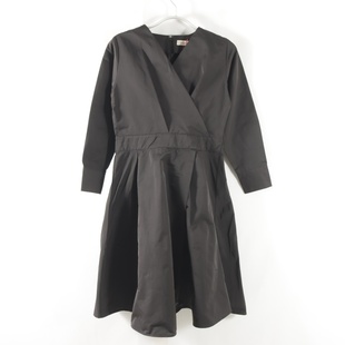 日单新款 A字连衣裙 V领套头后隐形拉链松紧高腰显瘦中裙女纯色长袖