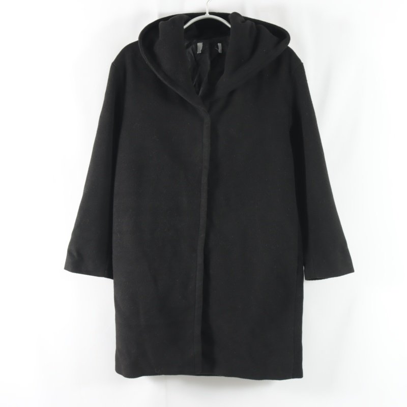 日单新款通勤百搭连帽单排按扣直筒显瘦女纯色长袖中长款毛呢外套