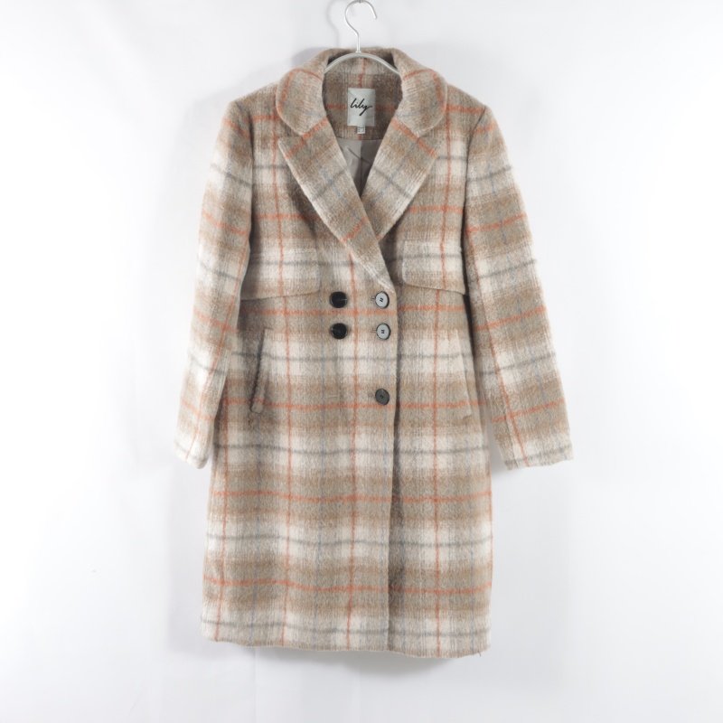 日单新款通勤百搭西装领双排扣直筒显瘦女格子长袖中长毛呢外套