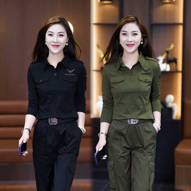 军绿t恤女翻领春秋长袖迷彩大码