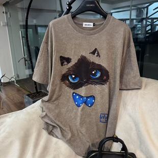 酷夏专属做旧灰底暹罗喵印花T恤CP356 蓝瞳喵影