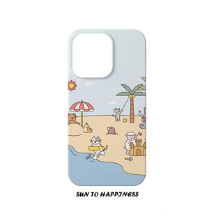 夏日沙滩原创意设计卡通插画适用苹果16PROMAX手机壳菲林iphone15plus14趣味萌系12可爱治愈全包按键亮面日韩