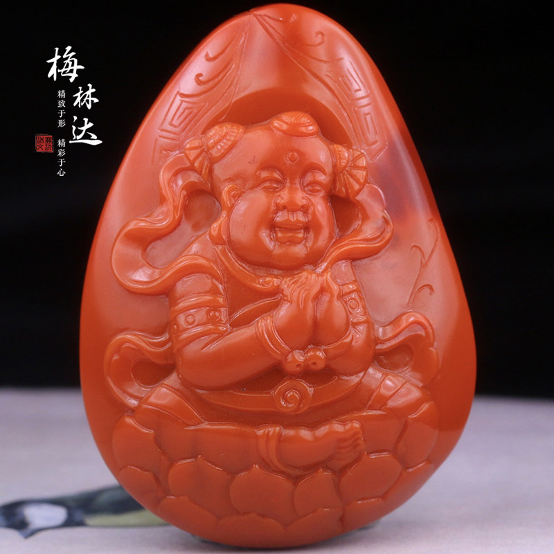 Melinda/梅林达【灵勇】天然南红玛瑙吊坠苏工精雕哪吒莲花玉坠男