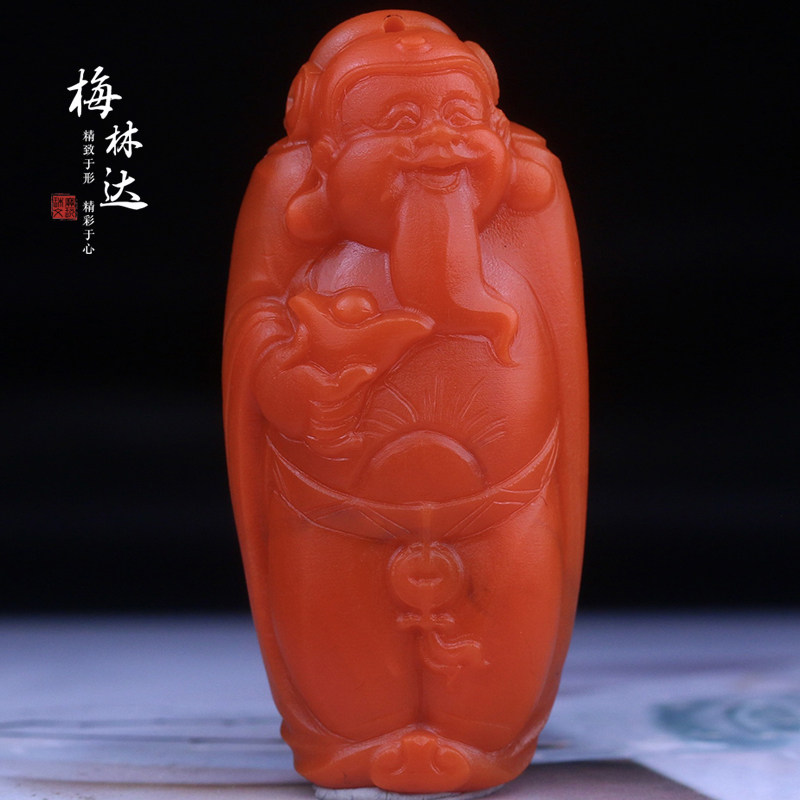 Melinda/梅林达【弦庭】天然南红玛瑙吊坠苏工精雕财神爷玉石挂件
