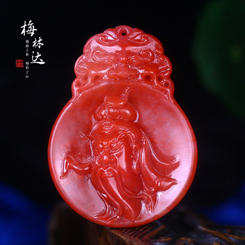 Melinda/梅林达【崇凛】南红玛瑙苏工雕刻关羽吊坠挂件关公项坠男