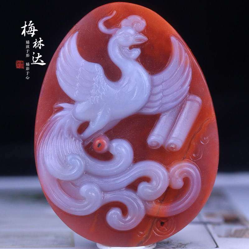 Melinda/梅林达【朝吟】天然南红玛瑙吊坠苏工红白料凤凰玉石挂件