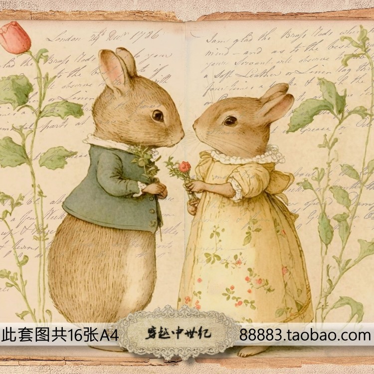 TJ448彼得兔情侣 情人节 复古童话A5手账纸本 素材包Junk journal,文具电教/文化用品/商务用品,笔记本/记事本,淘宝优惠券,粉丝福利购,淘宝优惠卷