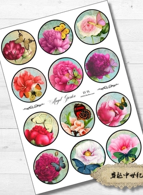 TZ27复古花朵蝴蝶圆形维多利亚 手账贴纸 穿越中世纪Junk journal