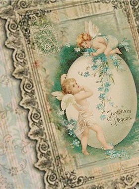 TJ123蓝色系  春天小女孩   复古 A5本 手账素材包  Junk journal