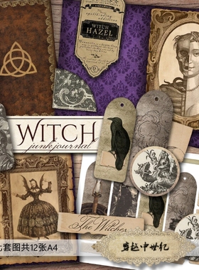 TJ322 哥特 女巫 暗黑 骷髅 紫色系A5手账 素材包 Junk journal