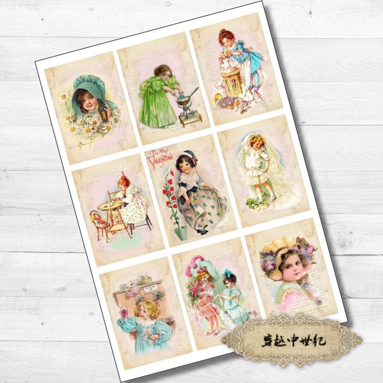 CA192小姑娘复古文艺书签明信片维多利亚手账纸贴Junk journal