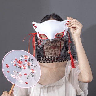 古风狐狸面具半脸国潮汉服演出面纱化妆舞会cos猫脸狐妖蕾丝面罩
