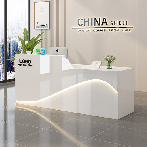 烤漆前台弧形收银台定制柜台吧台服装店仿大理石服务台超市接待台