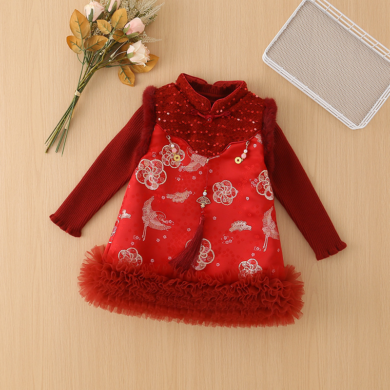 毛绒旗袍裙中式新年拜年服