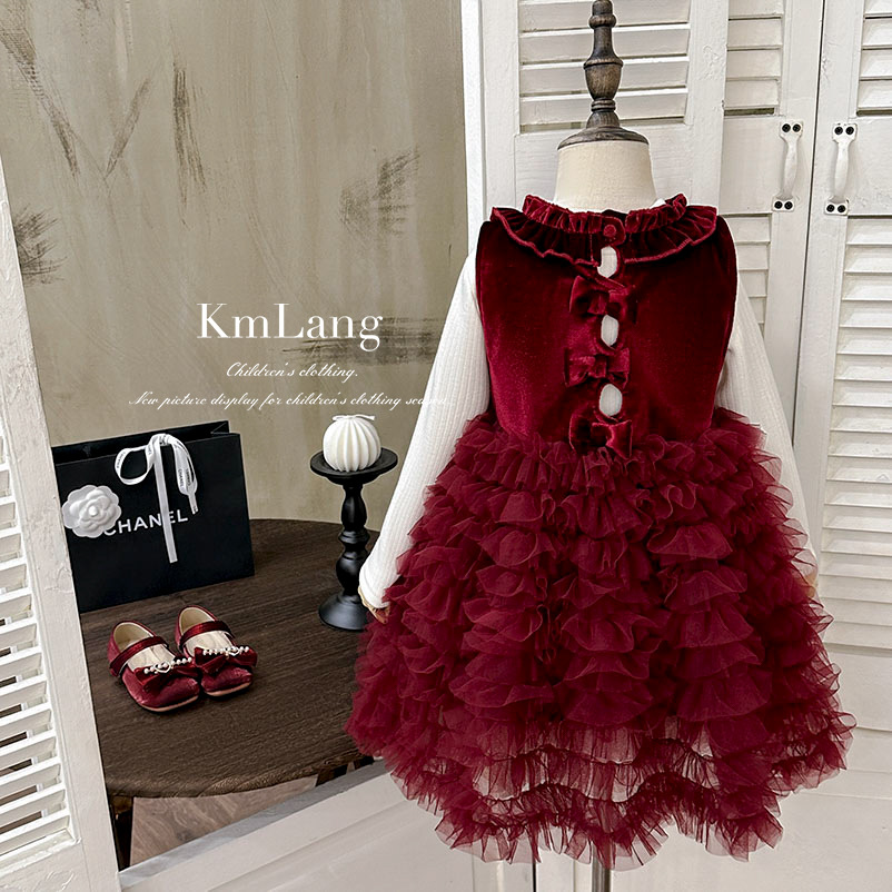 加绒背心裙红色丝绒蓬蓬纱裙
