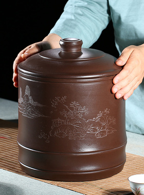 宜兴紫砂茶叶罐大码号普洱茶桶醒茶器陶瓷透气家用米缸七子饼存储
