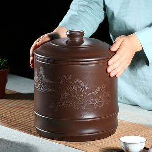 号普洱茶桶醒茶器陶瓷透气家用米缸七子饼存储 宜兴紫砂茶叶罐大码