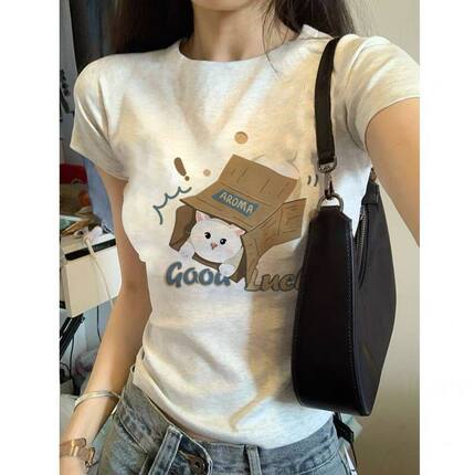 纯棉修身正肩纯欲风ins短袖女T恤夏季遮肉显瘦小众设计感甜辣上衣