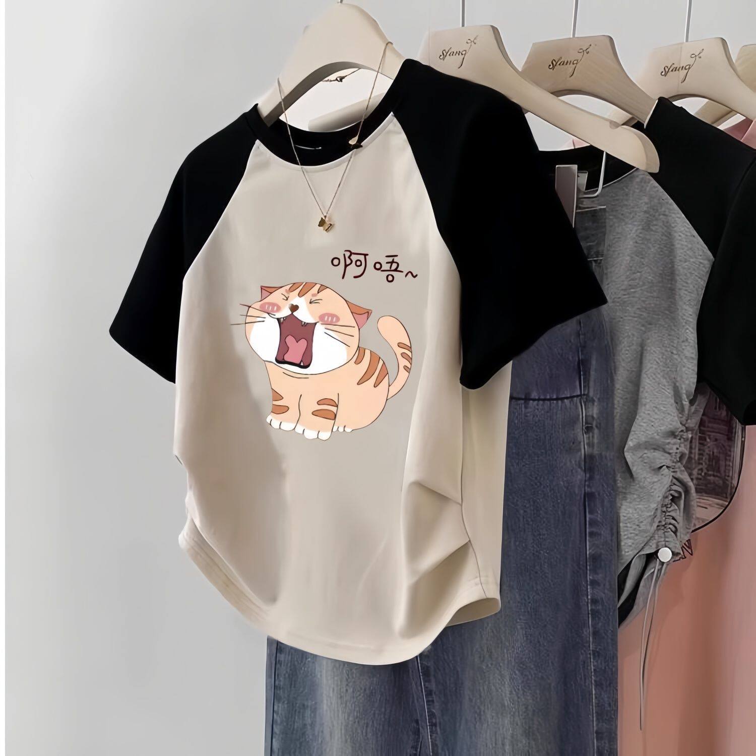 2025早春t恤女插肩袖设计感闺蜜装上衣大码ins潮短款休闲百搭短袖