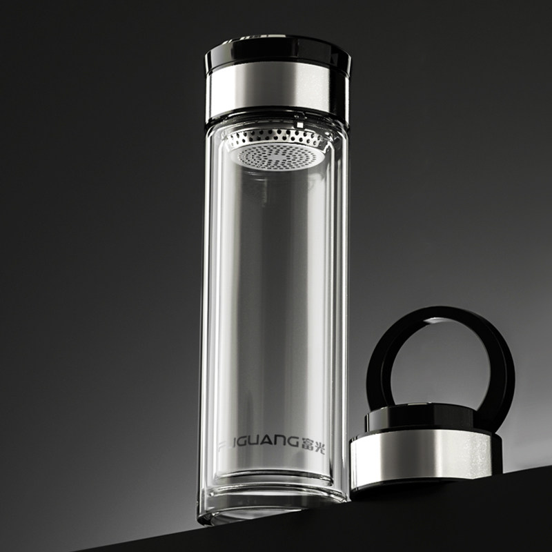 富光双层玻璃杯加厚男士便携水杯女隔热带盖大容量杯家用泡茶杯子