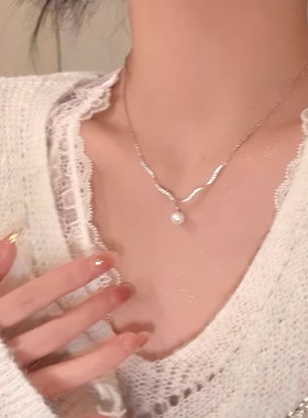 气质微镶闪锆石波浪精致显瘦锁骨链女简约珍珠吊坠高级感轻奢项链