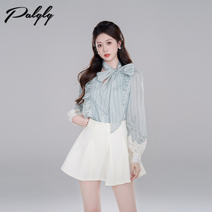 拼接蕾丝荷叶边法式 早春季 衬衣 女长袖 设计感小众蓝色条纹v领衬衫