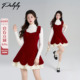 Palglg法式 红色丝绒背带连衣裙女冬季 重工钉珠收腰新年圣诞短裙子