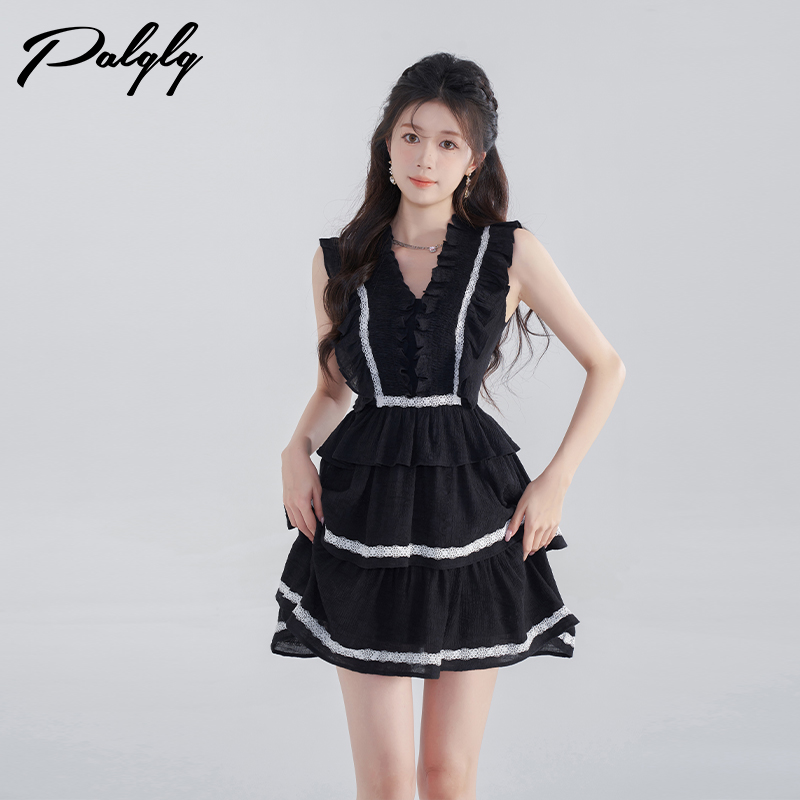 V领连衣裙女装夏季高腰公主裙