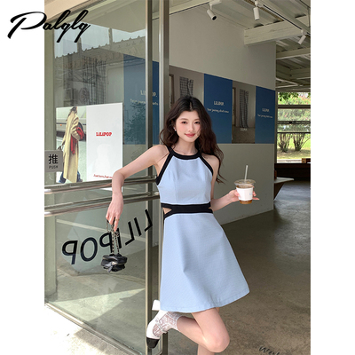 高级感蓝色露腰挂脖连衣裙女夏