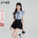 短裤 学院风休闲时尚 高级感甜美小个子蓝色条纹衬衫 夏季 两件套 套装