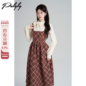 Palglg法式 千金风假两件红色格子连衣裙女冬季 加厚韩系圣诞长裙子