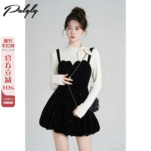 Palglg富家千金风黑色丝绒吊带连衣裙女冬季钉珠收腰花苞a字裙子