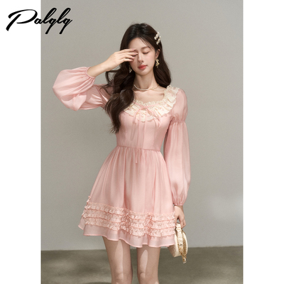 法式泡泡袖甜美方领粉色连衣裙