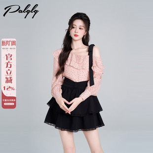 上衣 设计感小众韩系甜美露肩短款 荷叶边斜肩波点粉色衬衫 女春秋装