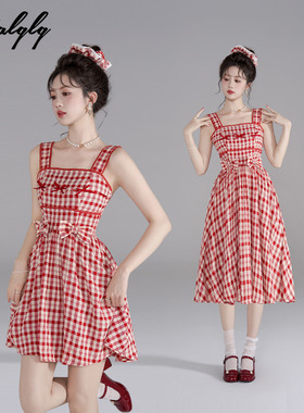 学院风红色格子背带连衣裙女夏季高级感甜美风小个子俏皮绝美裙子