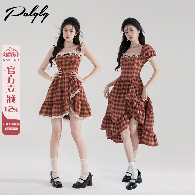 法式复古风方领格纹蕾丝连衣裙