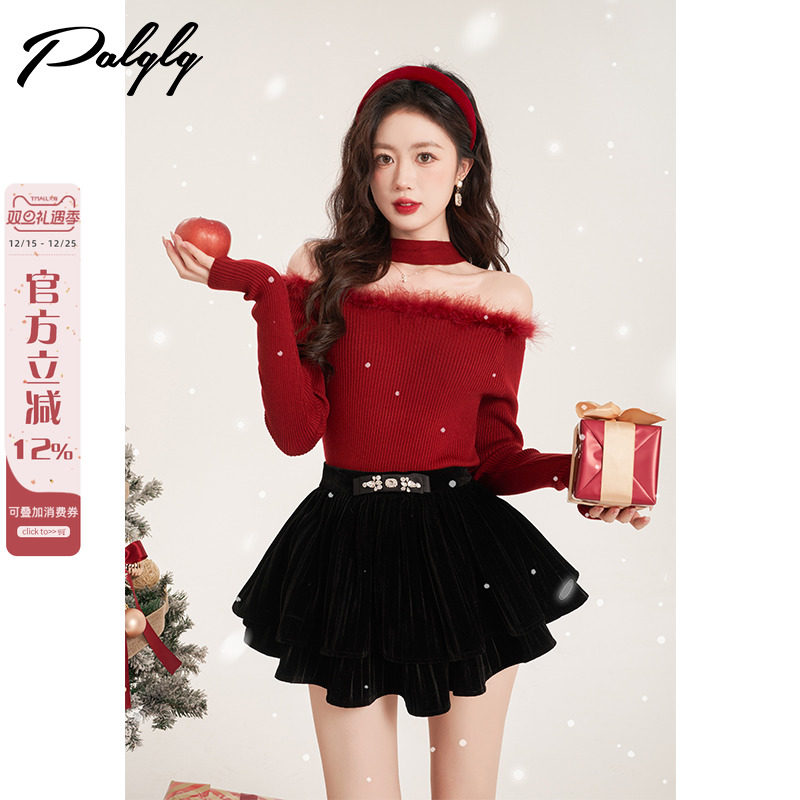 小香风红色一字肩针织衫