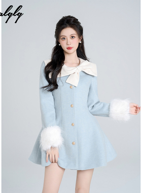 富家冬日千金蓝色蝴蝶结毛呢外套女冬季气质名媛法式收腰中长大衣