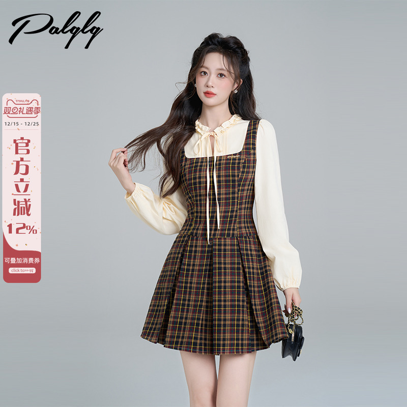 学院风格纹百褶收腰连衣裙女