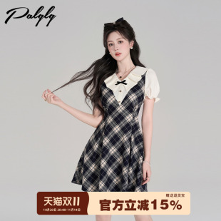 显瘦裙子 泡泡袖 气质学院风假两件格子连衣裙女夏季 高级感收腰法式