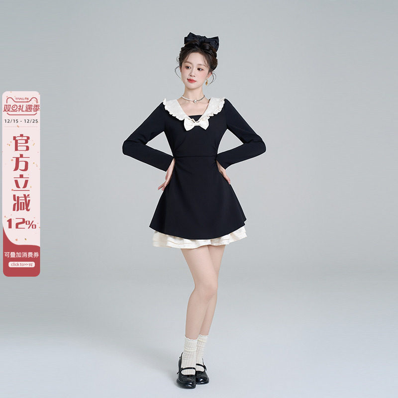 法式黑色娃娃领收腰长袖连衣裙女