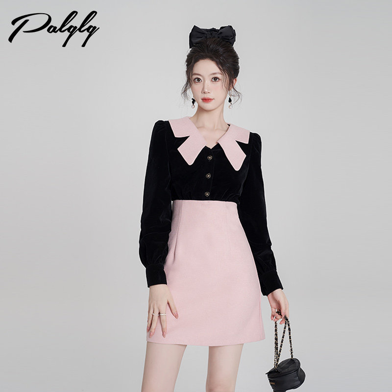 Palglg甜美风黑粉丝绒长袖连衣裙女冬高级感小香风法式收腰a字裙