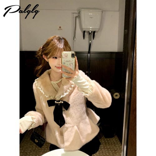 富家千金风粉色毛绒绒短外套女